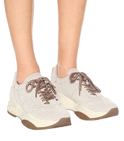 Shop Jimmy Choo Raine Perforated Suede Sneakers In Grey