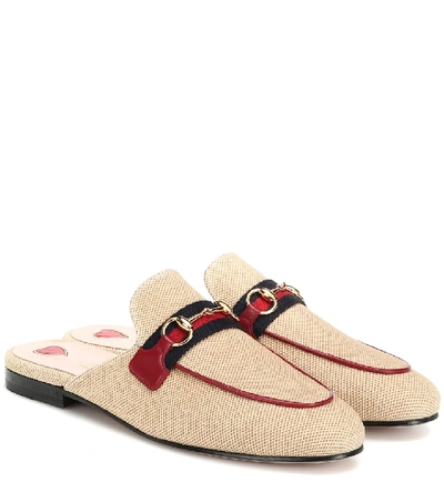 Shop Gucci Princetown Canvas Slippers In Beige