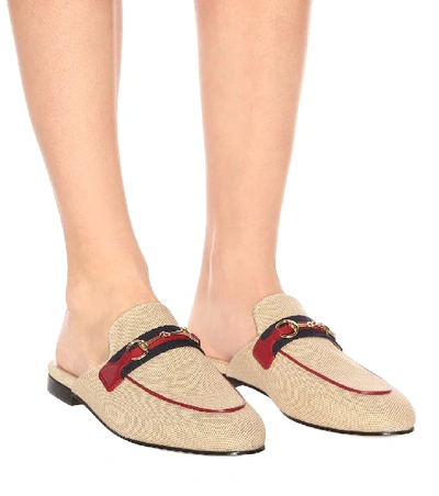 Shop Gucci Princetown Canvas Slippers In Beige