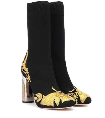 Shop Alexander Mcqueen Embroidered Stretch-knit Ankle Boots In Black