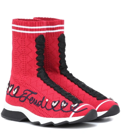 Shop Fendi Embroidered High-top Sneakers In Red