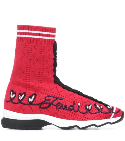 Shop Fendi Embroidered High-top Sneakers In Red