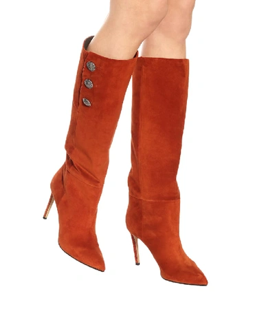 Shop Balmain Suede Knee-high Boots In Brown