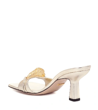 Shop Gucci Tiger Head Metallic Leather Sandals In Gold