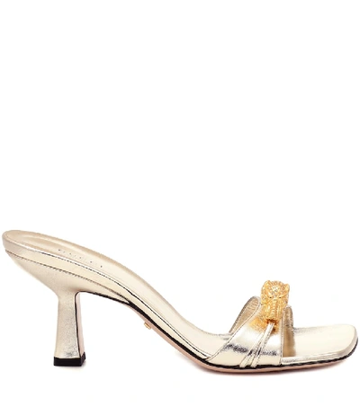 Shop Gucci Tiger Head Metallic Leather Sandals In Gold