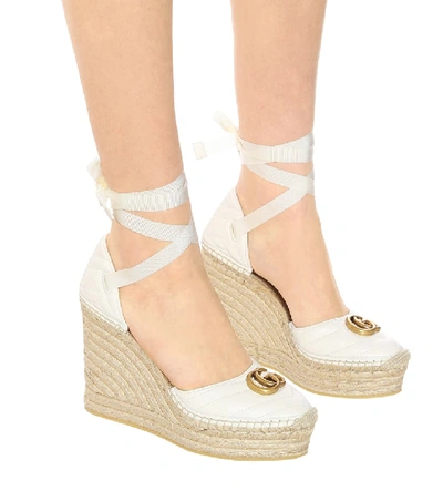 Shop Gucci Double G Leather Espadrille Wedges In White