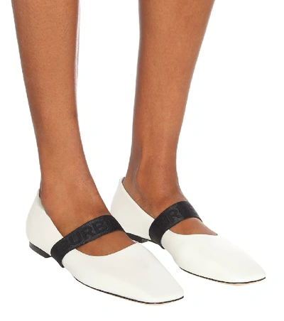 Shop Burberry Logo Leather Ballet Flats In White