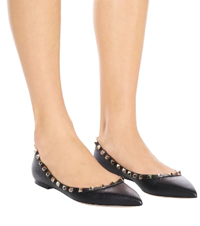 Shop Valentino Rockstud Leather Ballet Flats In Black