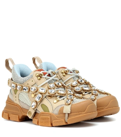 Shop Gucci Flashtrek Embellished Sneakers In Beige