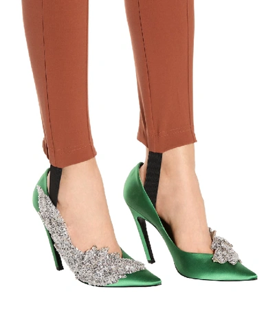 Shop Balenciaga Embellished Satin Pumps In Green