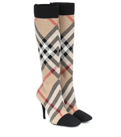 Shop Burberry Vintage Check Knee-high Sock Boots In Beige