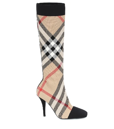 Shop Burberry Vintage Check Knee-high Sock Boots In Beige