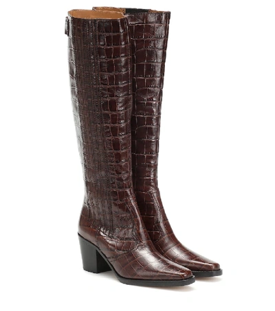 Shop Ganni Western Croc-effect Knee-high Boots In Brown