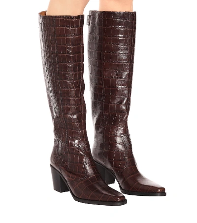 Shop Ganni Western Croc-effect Knee-high Boots In Brown