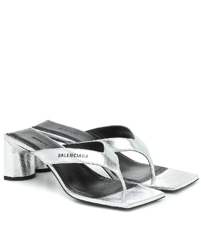 Shop Balenciaga Double Square Leather Thong Sandals In Silver