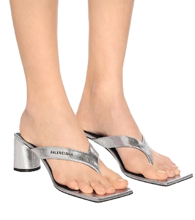 Shop Balenciaga Double Square Leather Thong Sandals In Silver