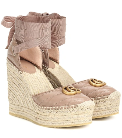 Shop Gucci Double G Leather Espadrille Wedges In Beige