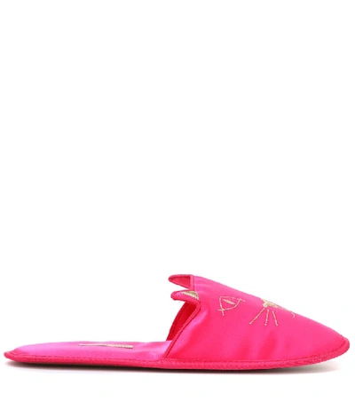 Shop Charlotte Olympia House Cats Satin Slippers In Pink