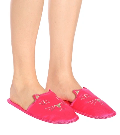 Shop Charlotte Olympia House Cats Satin Slippers In Pink