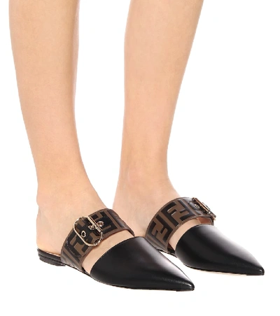 Shop Fendi Logo Leather Slippers In Black