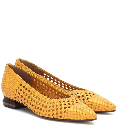 Shop Souliers Martinez Illetes 30 Woven Leather Ballet Flats In Yellow