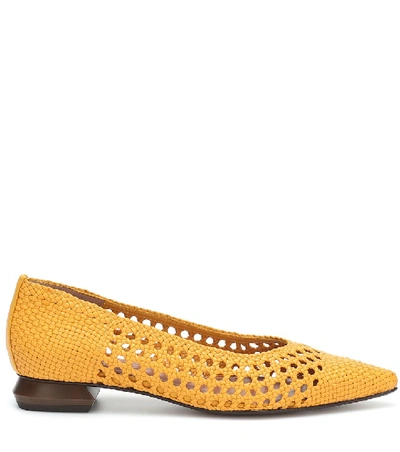 Shop Souliers Martinez Illetes 30 Woven Leather Ballet Flats In Yellow