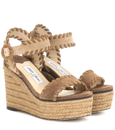 Shop Jimmy Choo Abigail 100 Suede Wedge Espadrilles In Beige