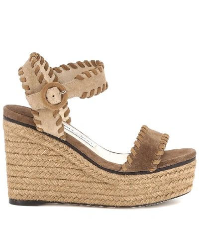 Shop Jimmy Choo Abigail 100 Suede Wedge Espadrilles In Beige