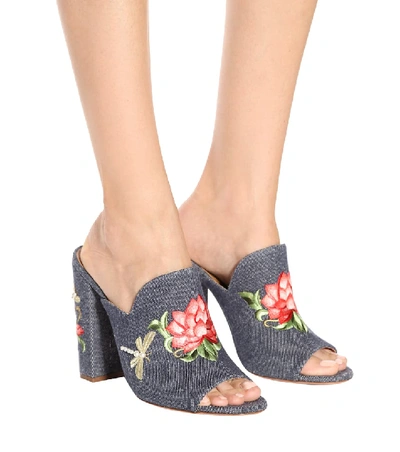 Shop Aquazzura Lotus 105 Embroidered Denim Mules In Blue