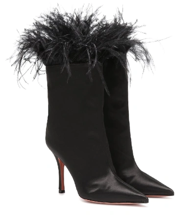 Shop Amina Muaddi Nakia Feather-trimmed Ankle Boots In Black