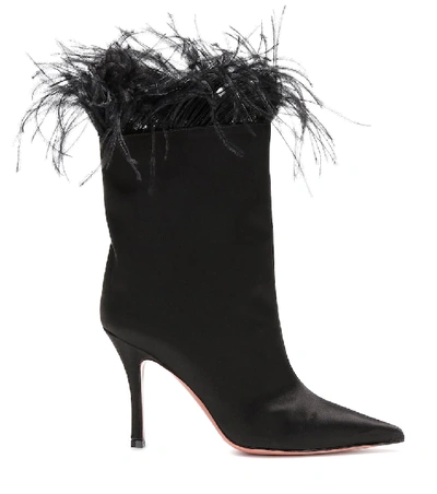 Shop Amina Muaddi Nakia Feather-trimmed Ankle Boots In Black