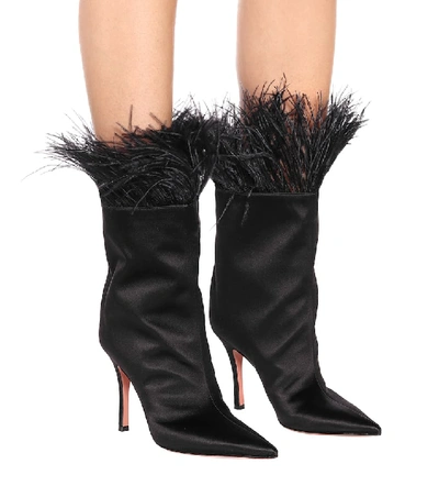 Shop Amina Muaddi Nakia Feather-trimmed Ankle Boots In Black