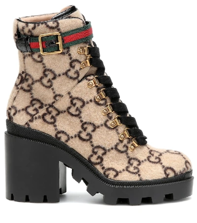 Shop Gucci Trip Gg Wool Ankle Boots In Beige