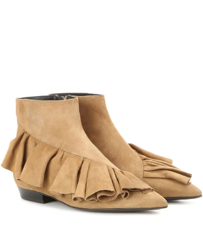 Shop Jw Anderson Ruffle Suede Ankle Boots In Beige