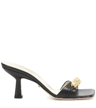 Shop Gucci Tiger Head Leather Sandals In Black