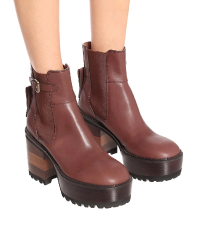 Shop See By Chloé Leather Platform Ankle Boots In Brown