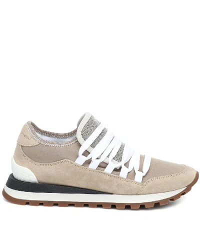Shop Brunello Cucinelli Suede And Leather Sneakers In Beige