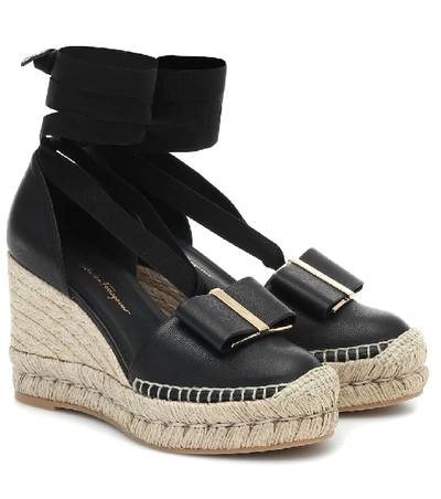 Shop Ferragamo Garanio Leather Wedge Espadrilles In Black