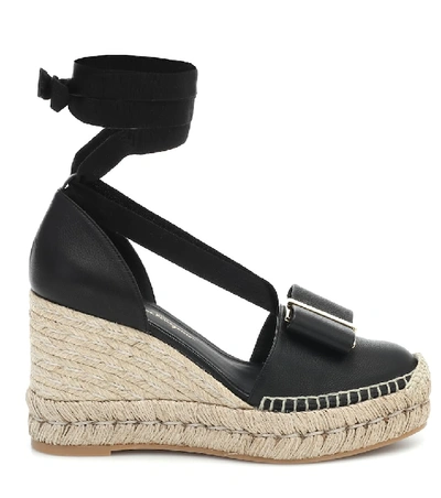 Shop Ferragamo Garanio Leather Wedge Espadrilles In Black