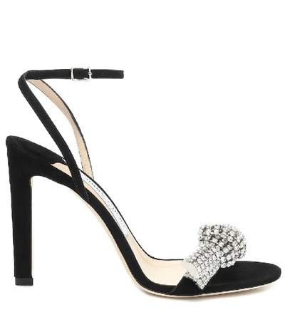 Shop Jimmy Choo Thyra 100 Embellished Suede Sandals In Black