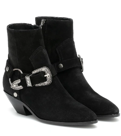 Shop Saint Laurent West Harness Suede Ankle Boots In Black
