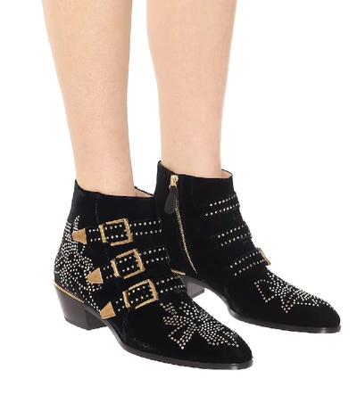 Shop Chloé Susanna Embellished Velvet Ankle Boots In Black