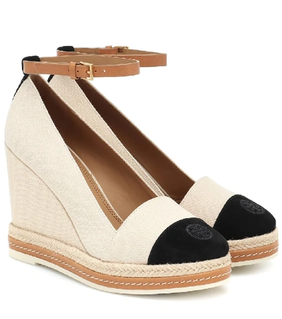 Shop Tory Burch Suede-trimmed Espadrille Wedges In Beige