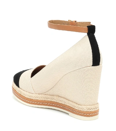 Shop Tory Burch Suede-trimmed Espadrille Wedges In Beige