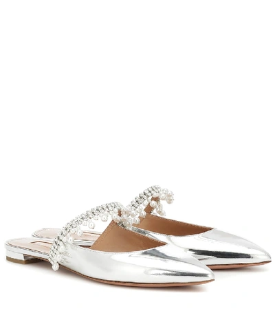 Shop Aquazzura Exquisite Embellished Leather Slippers In Silver