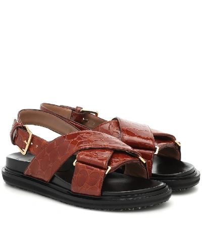 Shop Marni Fussbett Croc-effect Leather Sandals In Brown