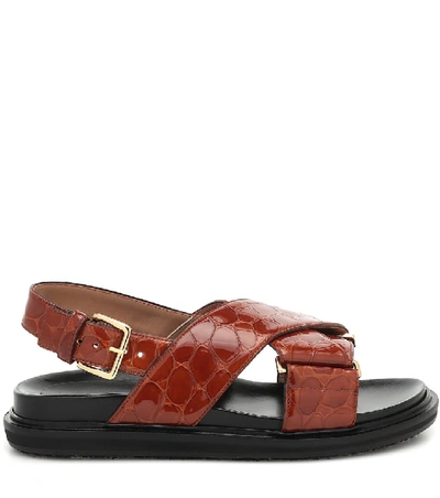 Shop Marni Fussbett Croc-effect Leather Sandals In Brown