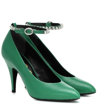 Shop Gucci Crystal-embellished Leather Pumps In Green
