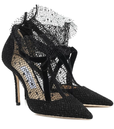 Shop Jimmy Choo Fira 100 Tulle-trimmed Suede Pumps In Black