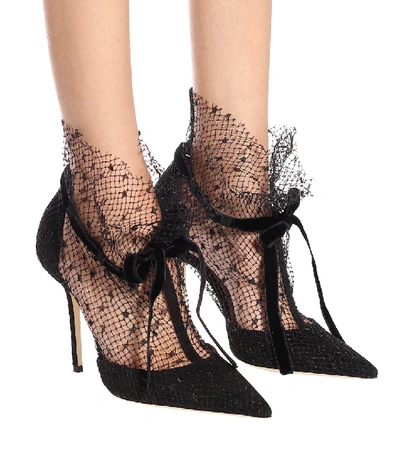 Shop Jimmy Choo Fira 100 Tulle-trimmed Suede Pumps In Black